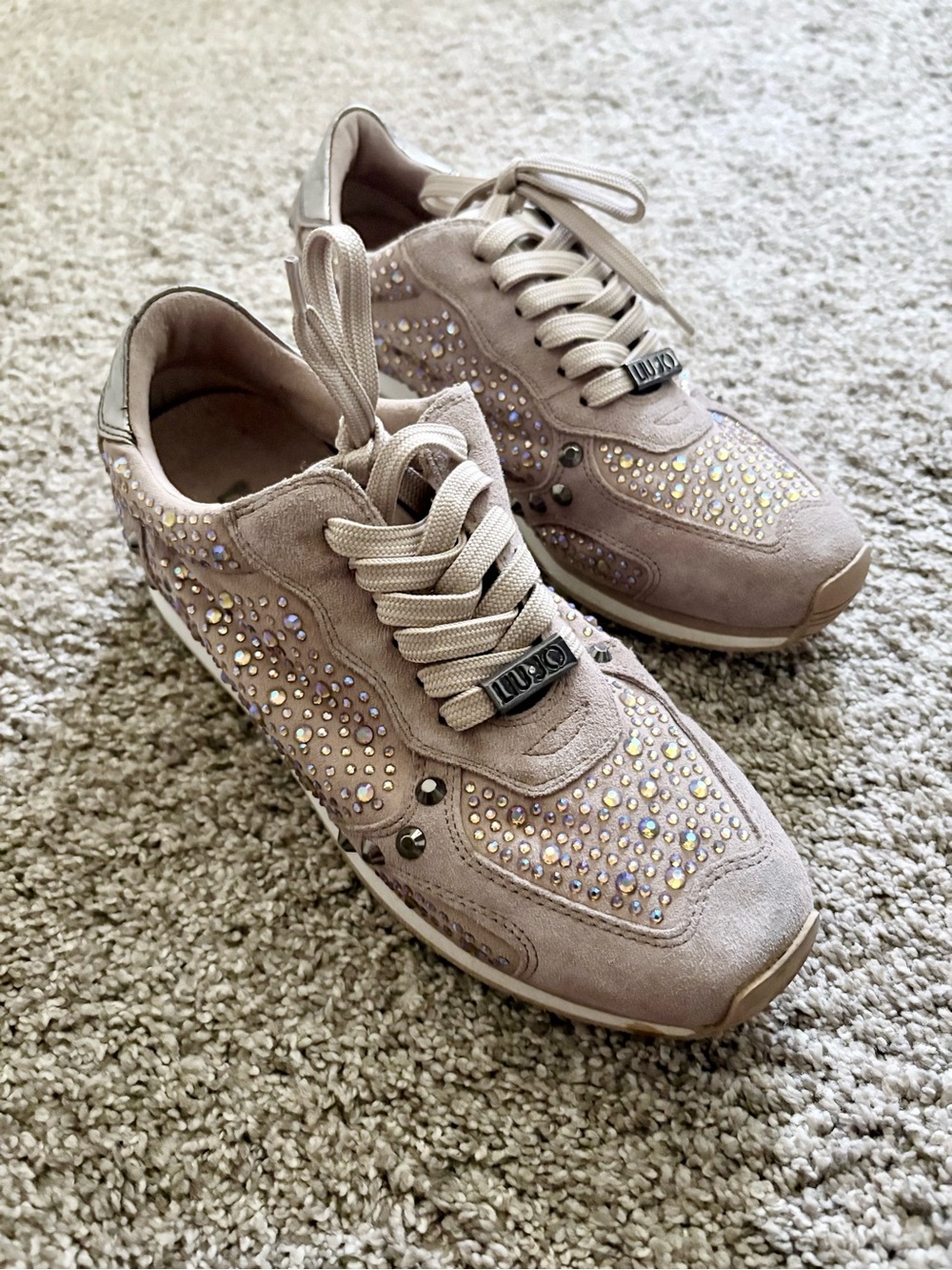 Liu Jo Pale Pink Crystal-Studded Suede Sneakers